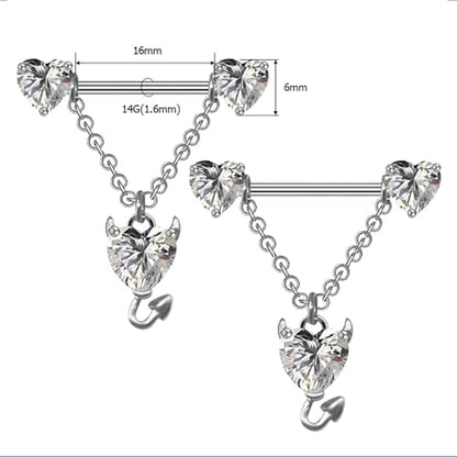 14G Devil Heart Dangle Nipple Rings for Women Girls Stainless Steel Sparkling CZ Love Heart Ball Chain Dangling Nipplerings Nipple Studs Piercing Barbell Body Jewelry - color: Silver