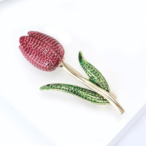 Rhinestone Tulip Flower Brooch Pin for Women Dainty Floral Lapel Pin Gold Plated Tulip Flowers Green Leaf Broochs Pins Trendy Wedding Party Jewelry Accessories - color: Rose