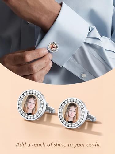 FindChic Stainless Steel Round Cufflinks with Custom Text/Picture/Monogram Letters 18K Gold Plated/Black Color for Men Groom Suits Shirts, with Gift Box - style: 02. CZ custom photo-round (stainless steel)