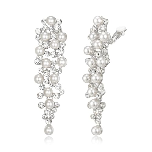 Bridal Statement Clip-on Earrings for Women Gorgeous Shiny Rhinestones Simulated Pearl Multi Beaded Cluster Chandelier Dangle Jewelry for Wedding Party Prom - color: Clear Silver-Tone