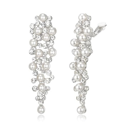 Bridal Statement Clip-on Earrings for Women Gorgeous Shiny Rhinestones Simulated Pearl Multi Beaded Cluster Chandelier Dangle Jewelry for Wedding Party Prom - color: Clear Silver-Tone