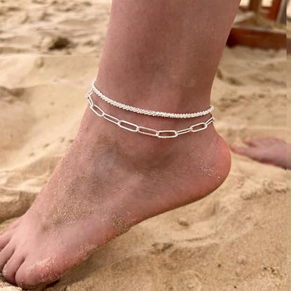 Freekiss Sparkle Glitter Waterproof Ankle Bracelets for Women Trendy | Dainty Layered Anklet for Women Adjustable Womens Anklet Set Stackable Beaded Cuban Link Anklets Beach Jewelry for Women - color: 2 Layered Anklet Paperclip-SL