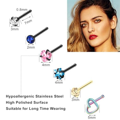 36-44 Pcs 18G 20G Nose Rings Studs Nose Rings for Women Nose Piercings Jewelry Surgical Stainless Steel Nose Studs Moon Star Heart Butterfly Hypoallergenic Body Piercing Jewelry for Women Men - color: 20G Black A-Straight- 44 Pcs