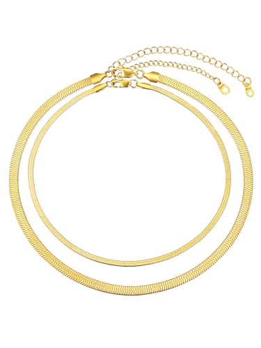 ChainsHouse Flat Snake Chain Herringbone Choker Necklace for Women, Stainless Steel/Rose Gold/18K Gold Plated Dainty Adjustable Simple Short Layered Necklaces, 12"/15"/18" with 3.5" Extender - color: b. layered-3mm+5mm-14k gold plated