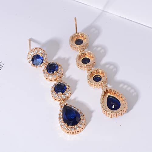 Women's Cubic Zirconia Bridal Earrings - Elegant Long Wedding Party Prom Earring for Bride Bridesmaids Crystal CZ Rhinestone Chandelier Statement Dangle Drop Earrings for girls - color: Blue-gold
