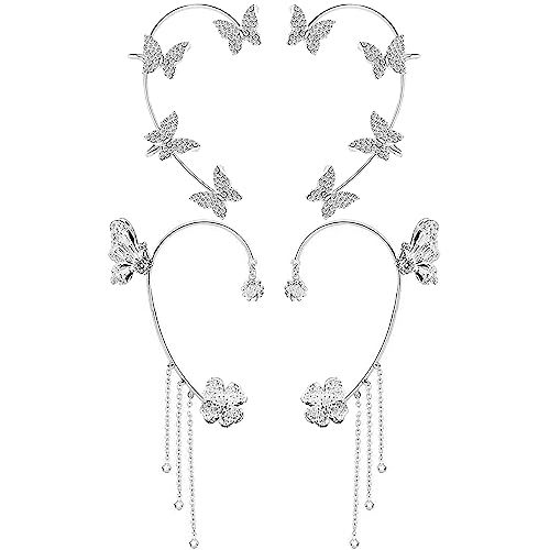 2 Pairs Dainty Silver Butterfly Ear Cuffs & Wraps for Women Non Piercing Bling Butterfly Tassel Style Zircon Earrings Ear Clips Bridal Wedding Jewelry - color: Silver
