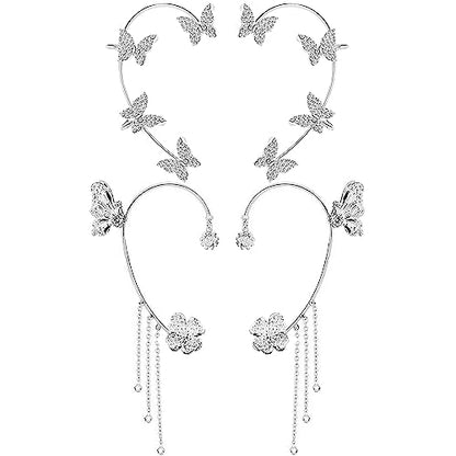 2 Pairs Dainty Silver Butterfly Ear Cuffs & Wraps for Women Non Piercing Bling Butterfly Tassel Style Zircon Earrings Ear Clips Bridal Wedding Jewelry - color: Silver