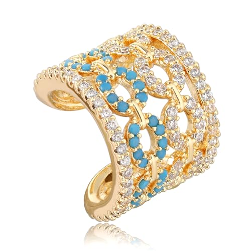 Chunky Ear Cuff Earrings for Women Single | Non Piercing, Clip On, 14K Gold Plated, Cubic Zirconia, Hypoallergenic, Jewelry Gifts - style: Turquoise