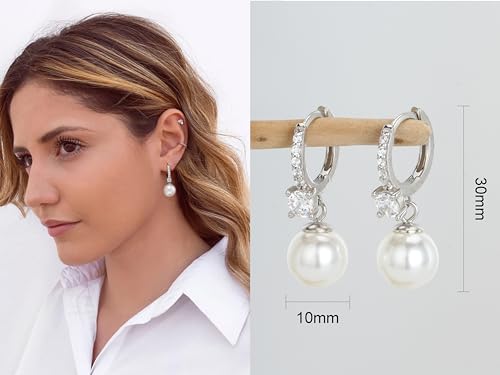 Long Pearl Earrings for Women 925 Sterling Silver Dangle Earrings | Hypoallergenic Dainty Dangle Drop Earrings, Elegant Pearl Jewelry for Bridal, Mother's Day Anniversary Birthday Jewelry Gift - color: Sliver CZ
