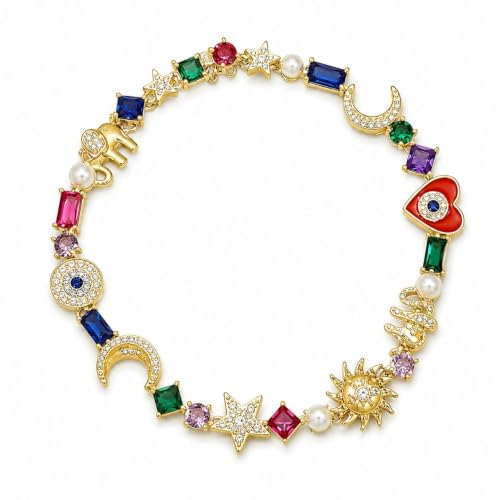 Sun and Moon Bracelets for Women Gold Charm Bracelet Star Heart Elephant Colorful Rhinestone Dainty Celestial Jewelry Gifts