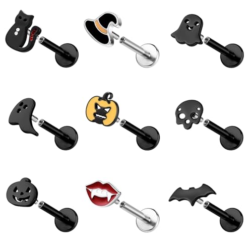 ZS 9Pcs 16G Halloween Labret Lip Rings Internally Threaded Piercing Jewelry | Bat Ghost Skull Monroe Medusa Piercing Jewelry Flat Back Conch Tragus Earrings for Women Men - color: SetB:Black, size: L:8mm