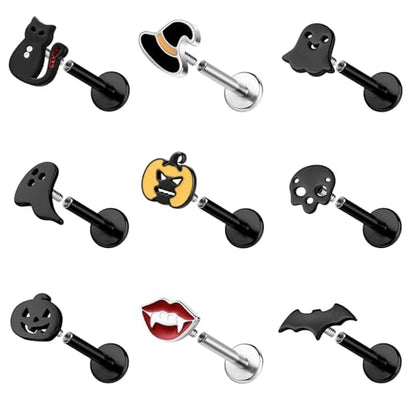ZS 9Pcs 16G Halloween Labret Lip Rings Internally Threaded Piercing Jewelry | Bat Ghost Skull Monroe Medusa Piercing Jewelry Flat Back Conch Tragus Earrings for Women Men - color: SetB:Black, size: L:8mm