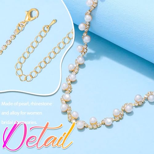 Aukmla Pearl Wedding Jewelry Sets Silver Rhinetsone Choker Necklace and Earring Bracelet Set Prom Jewelry for Brides and Women - color: Gold