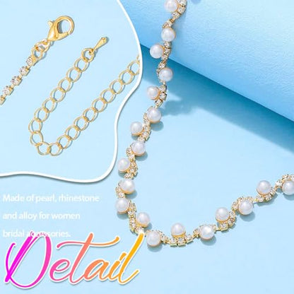 Aukmla Pearl Wedding Jewelry Sets Silver Rhinetsone Choker Necklace and Earring Bracelet Set Prom Jewelry for Brides and Women - color: Gold
