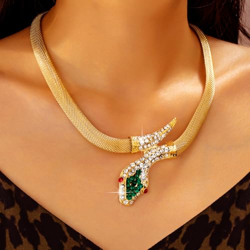 Punk Animal Snake Choker Necklace Hip Hop Rhinestone Snake head Cuban Link Chain Necklace Chunky Cuban Chain Crystal Jewelry for Women Gifts - color: Style C Gold
