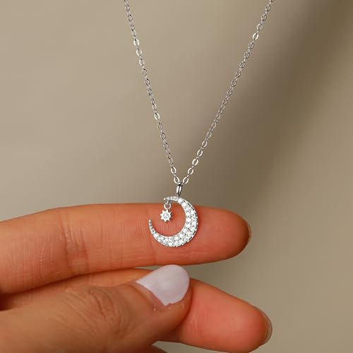 925 Sterling Silver Dainty Crescent Moon Necklace for Women | 14K Gold Plated White Cubic Zirconia Moon and Star Pendant Choker Necklace to Daughter Mother Trendy Wedding Jewelry Gifts - color: Silver
