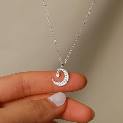 925 Sterling Silver Dainty Crescent Moon Necklace for Women | 14K Gold Plated White Cubic Zirconia Moon and Star Pendant Choker Necklace to Daughter Mother Trendy Wedding Jewelry Gifts - color: Silver