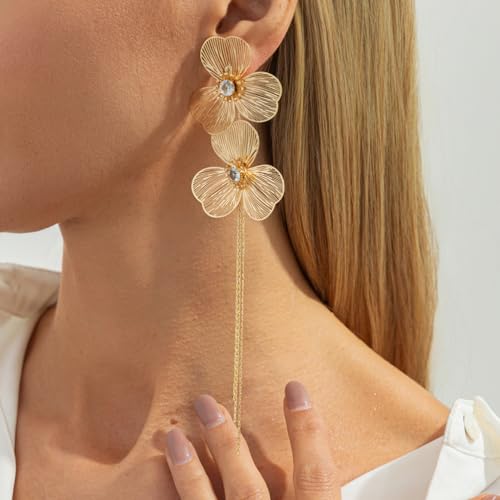 Gold Flower Tassel Dangle Earrings for Women,Boho Chunky Floral Long Fringe Statement Earring,Fashion Spring Jewelry Party Prom Accessories - color: Golden