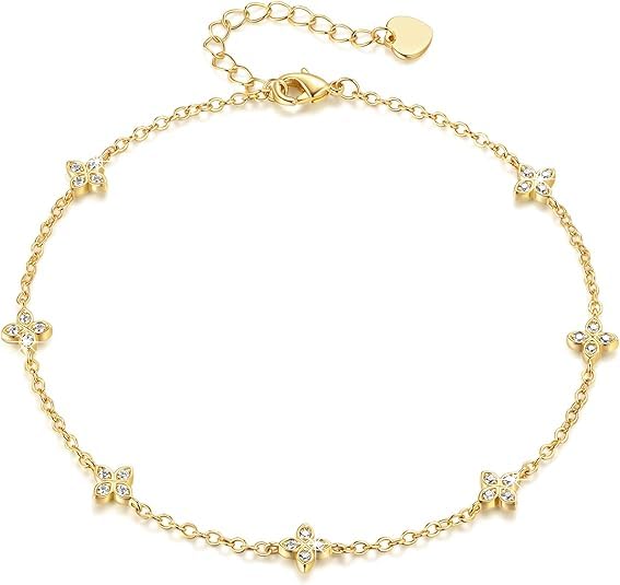 14K Gold Flower Ankle Bracelets for Women with Cubic Zirconia Four-Leaf