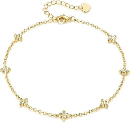 14K Gold Flower Ankle Bracelets for Women with Cubic Zirconia Four-Leaf