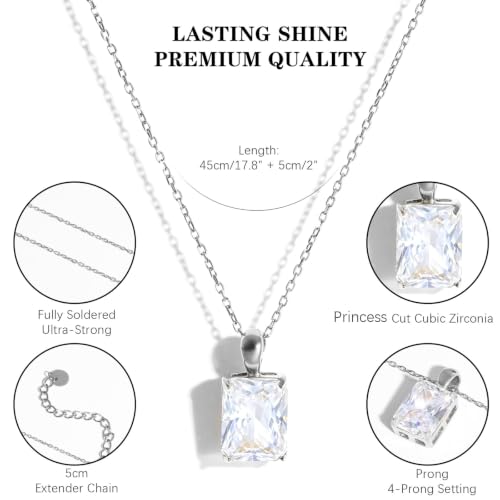 Cubic Zirconia Solitaire Necklace Stainless Steel, Rectangle Color Change Synthetic Alexandrite/Solitaire Necklace Pendant Women - color: Rectangle-Princess cut CZ-S