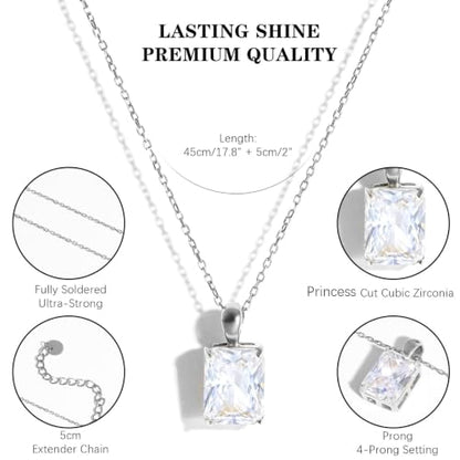 Cubic Zirconia Solitaire Necklace Stainless Steel, Rectangle Color Change Synthetic Alexandrite/Solitaire Necklace Pendant Women - color: Rectangle-Princess cut CZ-S