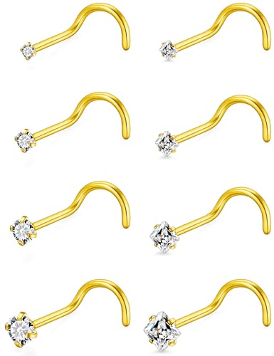 18G 20G 14K Gold Filled Nose Rings Studs Piercing Jewelry For Women Men 316L Surgical Steel Round Square Cubic Zirconia Nose Rings Studs Nostrial Piercing Jewelry CZ 1.5mm 2mm 2.5mm 3mm - color: 14K Gold Plated, size: 18 Gauge-Screw-Round and Square CZ