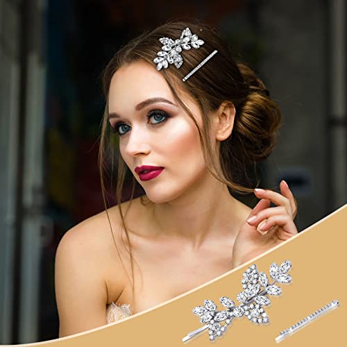 Janinka 10 Pieces Rhinestone Wedding Hair Clips Bridal Crystal Bobby Pins Silver Barrette Leaf Flower Wedding Elegant Hair Accessories for Bride Women and Girls(Rhinestone Style) - color: Rhinestone style