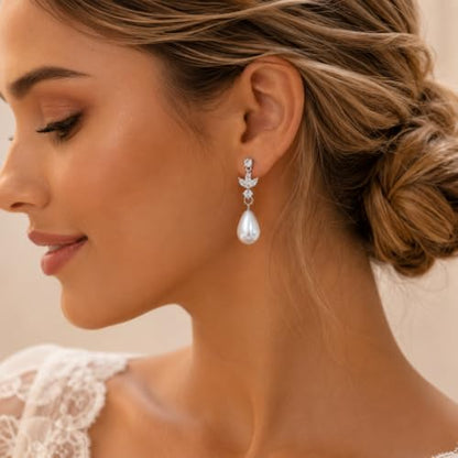 Pearl Dangle Clip On Earrings for Women - 14K Gold Silver Plated Cubic Zirconia Pearl Drop Earrings Trendy Long Non Pierced Bridal Earrings Fashion Jewelry Gifts - color: Silver