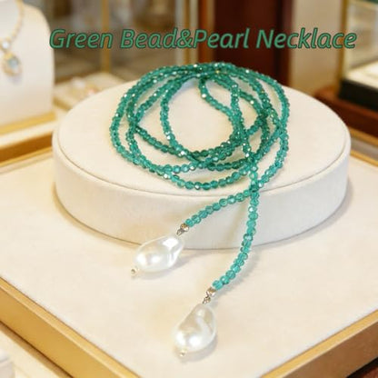 Crystal Beaded Lariat Necklace with Baroque Pearl Drops, Adjustable Y-Shaped Wrap Choker, Elegant Layered Chain Jewelry for Women Daily & Formal Wear - color: green