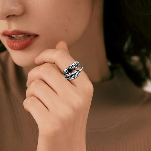 AVECON S925 Sterling Silver Turquoise/Labradorite/Just Breathe/Onyx Rings | Hypoallergenic Adjustable Open Feather Gift Women Men Thumb Spoon Statement Western Band Jewelry for Anniversary - color: Custom-Black Onyx