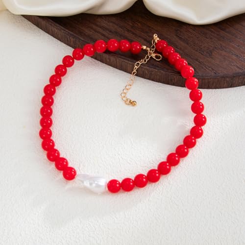 Colorful Faux Baroque Pearl Resin Beaded Choker Necklace Summer Tropical Jewelry for Women - color: Red