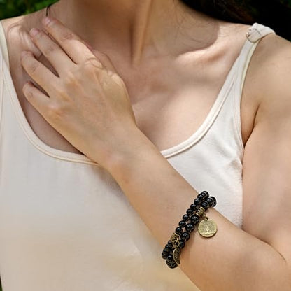 Bivei Natural Semi Precious Gemstone beads bracelet for women - Life Tree and Leaf Charm Energy Reiki Crystal Stretch Bracelets - color: Onyx Bracelet Set, size: Medium:6.8-7.24inch