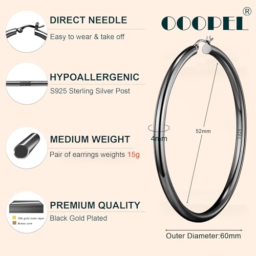 4mm Thick Gold Chunky Earrings Steling Silver Post Hoops Earrings For Women Hollow Tube Hoops Earrings Thick Gold Hoop Earrings Hypoallergenic Lightweight Gold Hoop Large Earrings 20/30/40/50/60MM - color: black,4*60mm