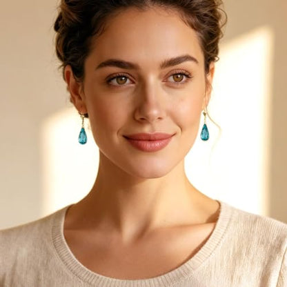 Teardrop Austrian Crystal Leverback Dangle Drop Earrings for Women | 14K Gold Plated,Classic Teardrop Elegance,Leverback for Easy Secure Wear,Gift Box Included, Brighten Up Daily and Party Looks - color: Aquamarine