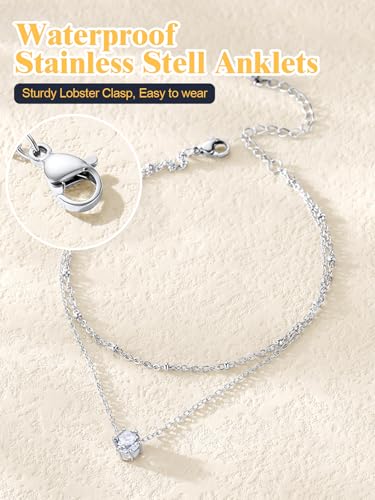 U7 Silver Ankle Bracelet for Women, Waterproof Layered Ankle Round Gem Birthstone Anklets, Summer Beach Foot Jewelry, Adjustable 8.5"-10.5" - color: 04.April-White Diamond