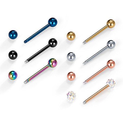 VCMART 12mm-18mm 14G Tongue Rings Nipple Straight Barbells Surgical Steel Body Piercing Jewelry - style: Style B -14pcs