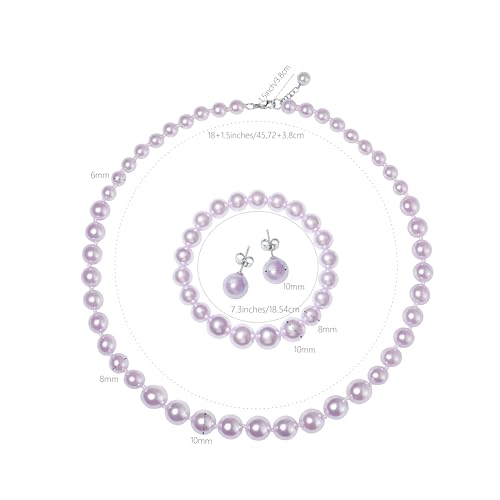 Faux Pearl Jewelry Set for Women, 3 Piece Necklace Bracelet Earrings | Glass Material, Adjustable Comfortable Fit, Party & Prom Accessory - style: Purple 18 inches