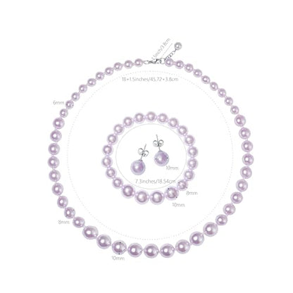 Faux Pearl Jewelry Set for Women, 3 Piece Necklace Bracelet Earrings | Glass Material, Adjustable Comfortable Fit, Party & Prom Accessory - style: Purple 18 inches