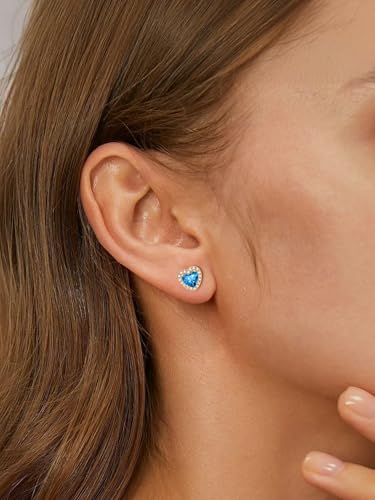 FindChic Birthstone Earrings for Women, Round/Heart/Square/Teardrop Earrings with 925 Sterling Silver Posts & Push Backs, Hypoallergenic Studs with Cubic Zirconia, 12 Months Jewelry with Gift Box - style: 12. December-Blue Topaz (Heart-Gold)