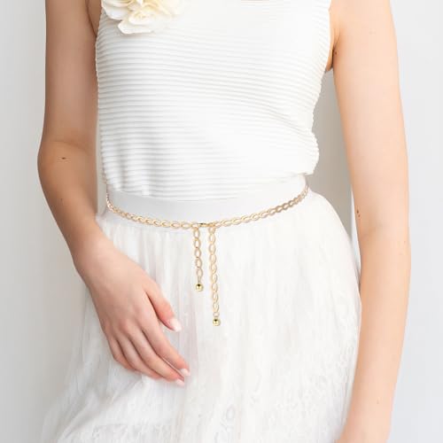 Metal Waist Chain Belt for Women, Dainty Body Link Jewelry, Adjustable Loin Chain Link Body Waist Long Hollow Belt for Jean Pants Dress (Gold)