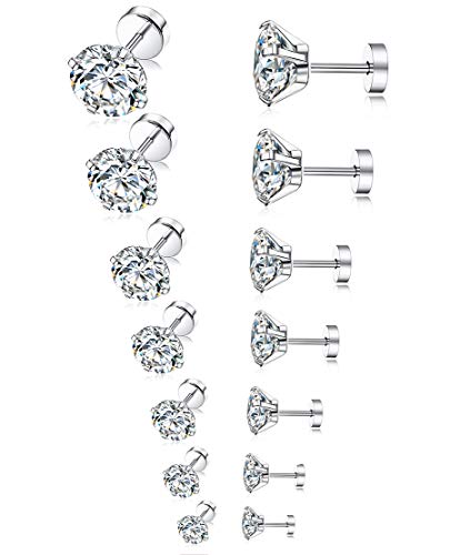 7 Pairs 18G 20G Stainless Steel Stud Earrings Round Cubic Zirconia Barbell Earring Set For Men Women 2MM-8MM Silver Tone - style: B:7 Pairs,Flat Backs,20G