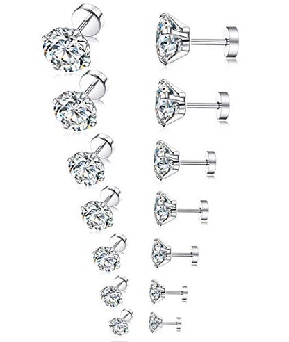 7 Pairs 18G 20G Stainless Steel Stud Earrings Round Cubic Zirconia Barbell Earring Set For Men Women 2MM-8MM Silver Tone - style: B:7 Pairs,Flat Backs,20G