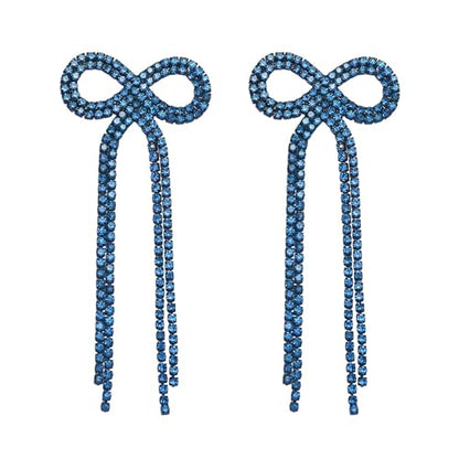 Rhinestone Earrings Dangling for Women Sparkly Silver Dangle Earrings Girls Long Chandelier Earrings Tassel Lightweight Ear Studs Cubic Zirconia (KE001S-W) - color: Bow 516286DY-BZ Coating Blue Zircon