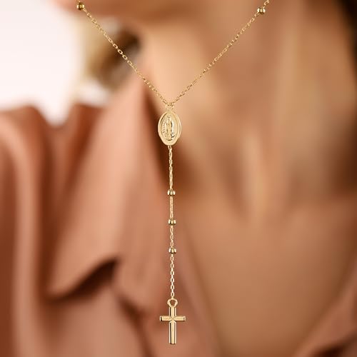 14K Gold Layered Cross Necklaces for Women,Tiny Small Sideways Cross Necklace Minimalist Christian Jewelry Gifts First Communion Confirmation Easter Stuff,2Pcs - color: Virgin Mary,Gold