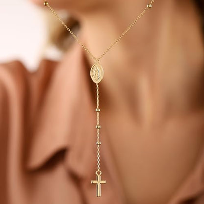 14K Gold Layered Cross Necklaces for Women,Tiny Small Sideways Cross Necklace Minimalist Christian Jewelry Gifts First Communion Confirmation Easter Stuff,2Pcs - color: Virgin Mary,Gold