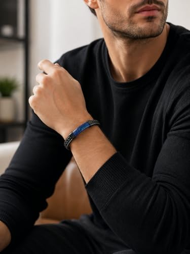Mens Black Leather Obsidian/Turquoise/Tiger Eye/Red Agate Bracelet–Braided Multi‑Layer Wristband Cuff Bangle Bracelet with Stainless Steel Clasp Gift Jewelry Box Included - color: Style 2: Lapis Lazuli, size: 8.3in(Fits most wrists)