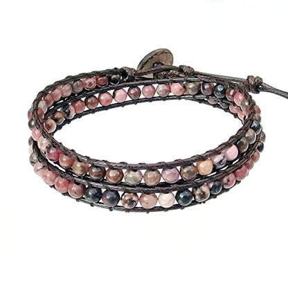 Genuine Stone Wrap Bracelets for Women Natural Crystal Beaded Wrap Bracelet 2/3/5 Adjustable Bohemian Bracelets Jewelry Gifts for Women Mom - color: rhodonite(2 wraps)