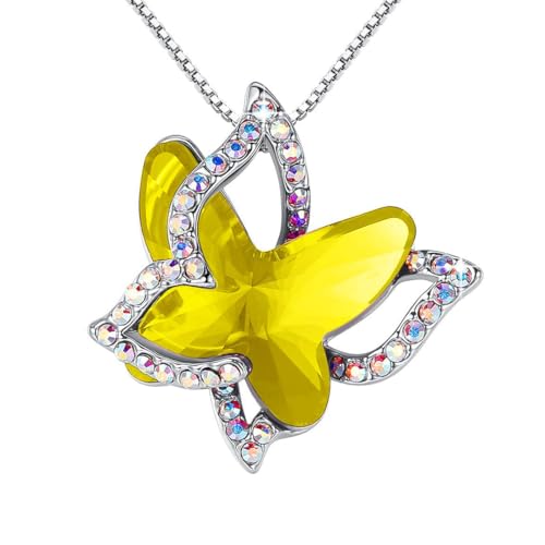 Butterfly Necklace, Birthstone Crystal, for Women, Silver Tone Pendant Jewelry, Anniversary Birthday Gift for Her, Wife & Mom, 18"+2" - color: 11b-November-Healing Stone for Happiness - Citrine Yellow Crystal