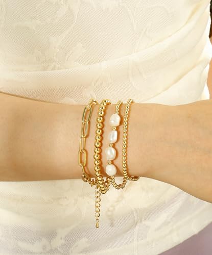Badu Gold Beaded Bracelets for Women Boho Crystal Multiple Layered Stackable Wrap Bangle Set Paperclip Chain Trendy Jewelry - color: Gold-pearl